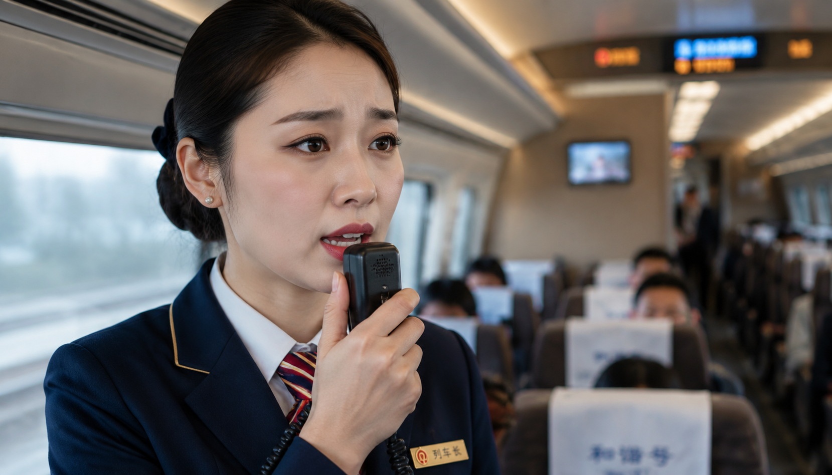 Train crew member making a doctor-on-board announcement over the public address system