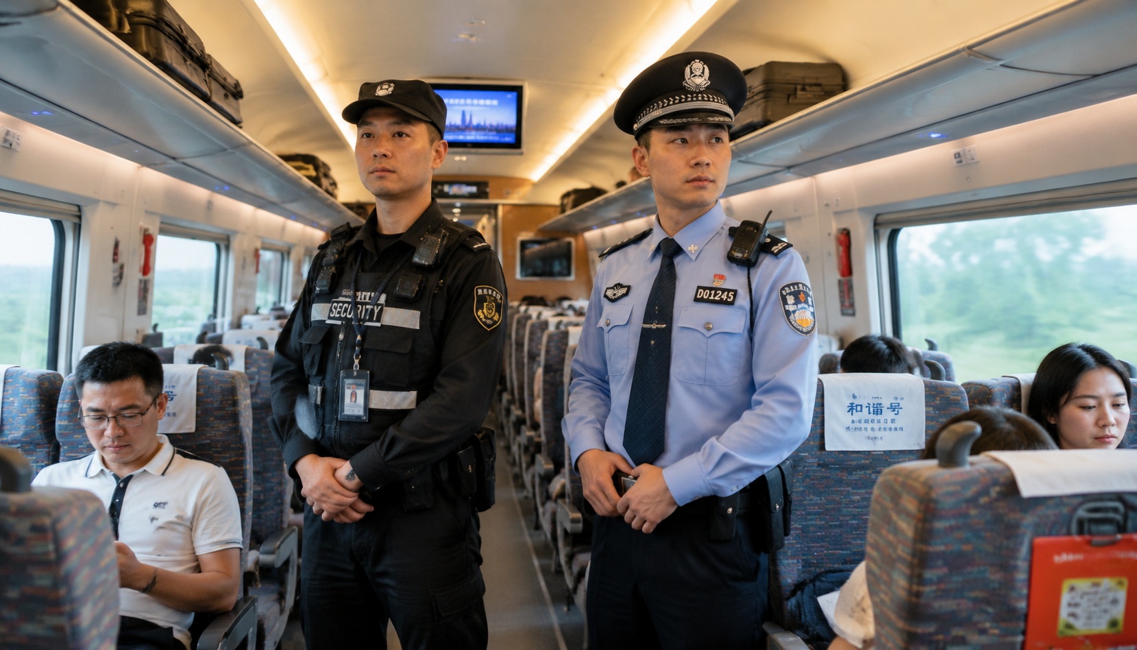 Security guard and train police officer patrolling a Chinese high-speed train aisle
