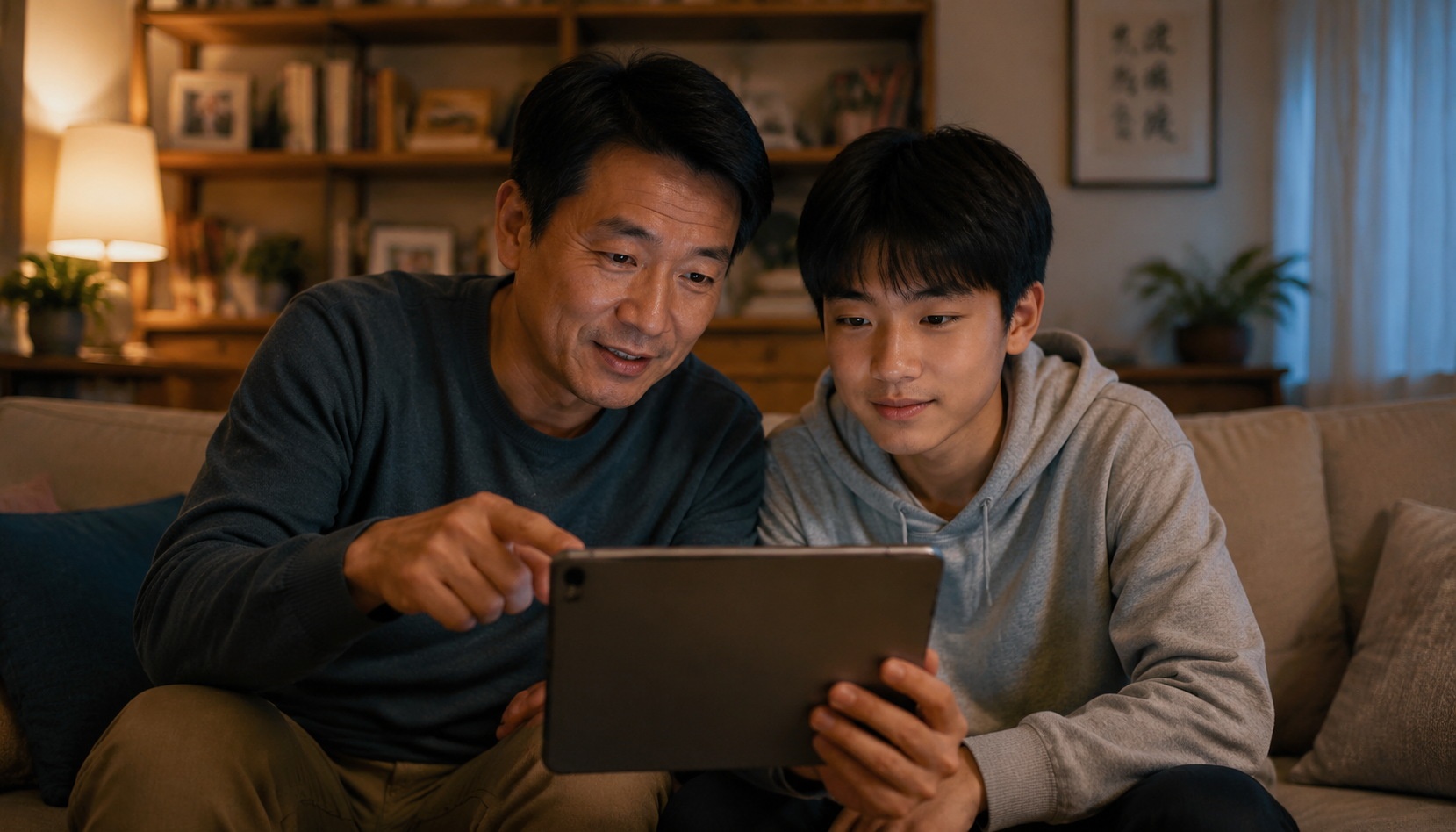 A parent and child in China watching the 1983 Legend of the Condor Heroes on a tablet, bridging generations.