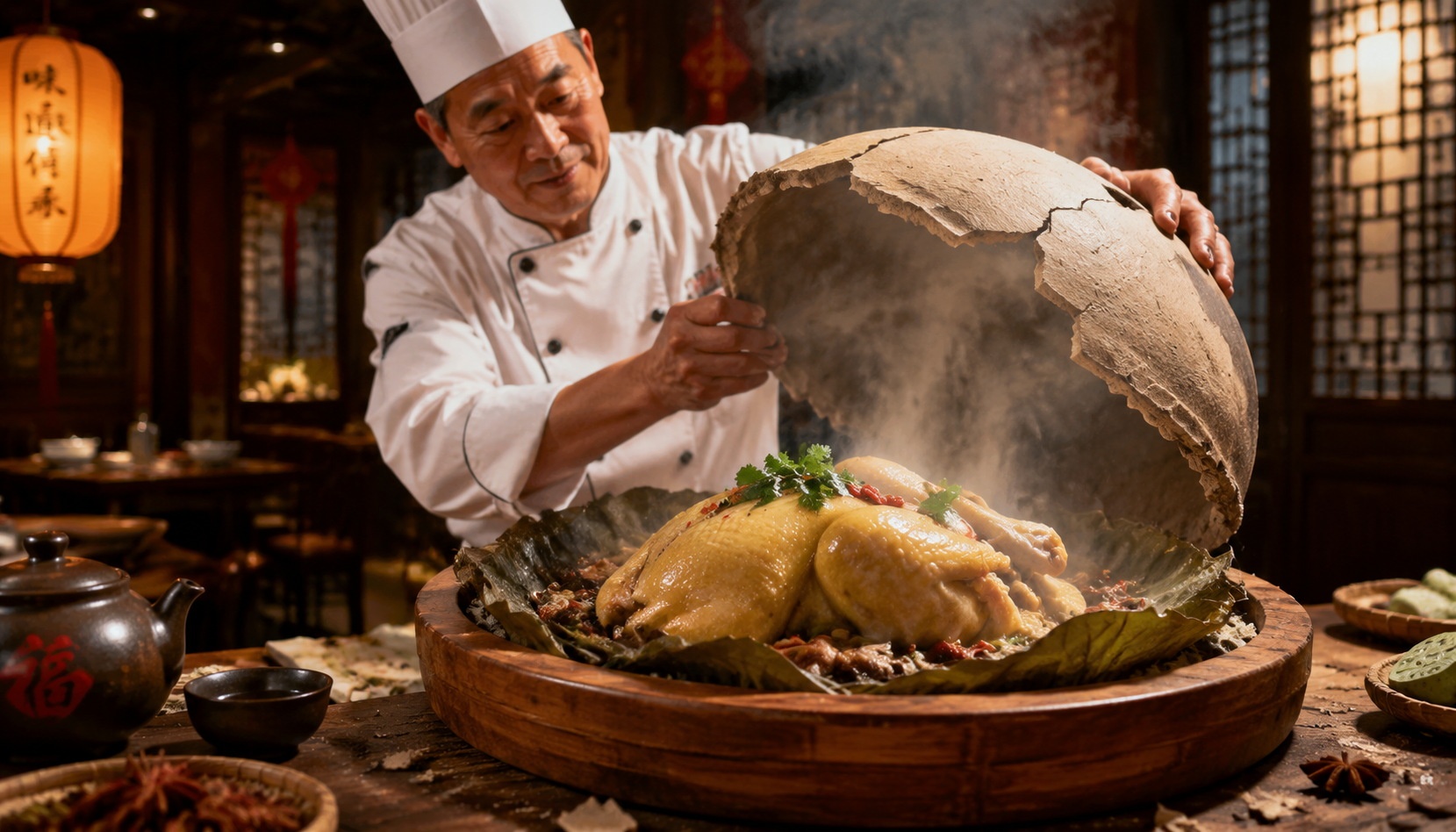 A chef uses a small hammer to crack the hardened clay shell of a 'beggar chicken' dish at a traditional Chinese restaurant in Hangzhou, revealing the tender steamed chicken inside wrapped in lotus leaves.