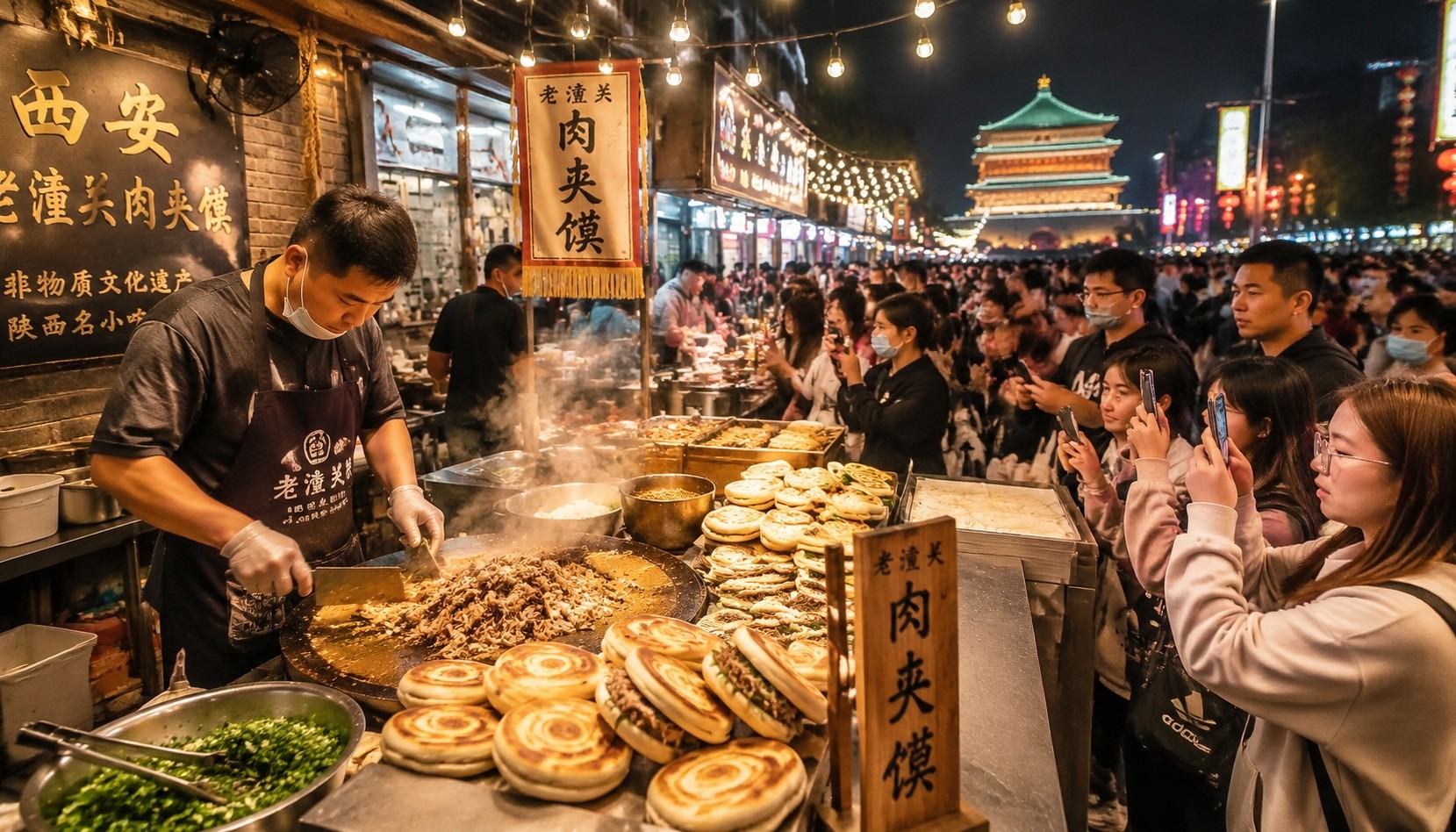 Street vendor preparing roujiamo (Chinese meat-filled flatbread) at a night market in Xi'an, customers capturing the moment with smartphones, warm lanterns and steam fill the scene.