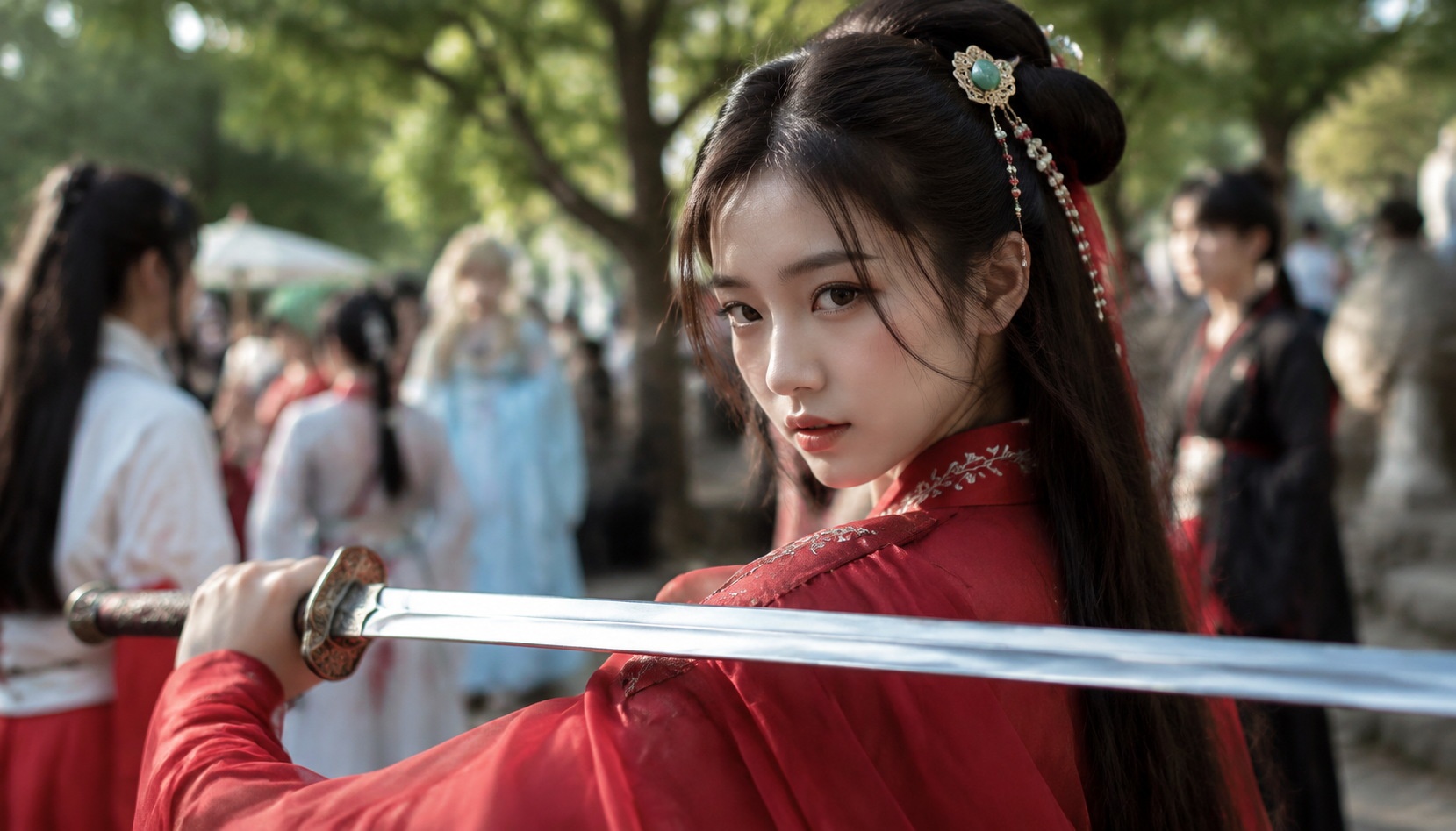 Young Chinese woman in red hanfu holding a longsword in a sunlit park, representing wuxia cosplay culture