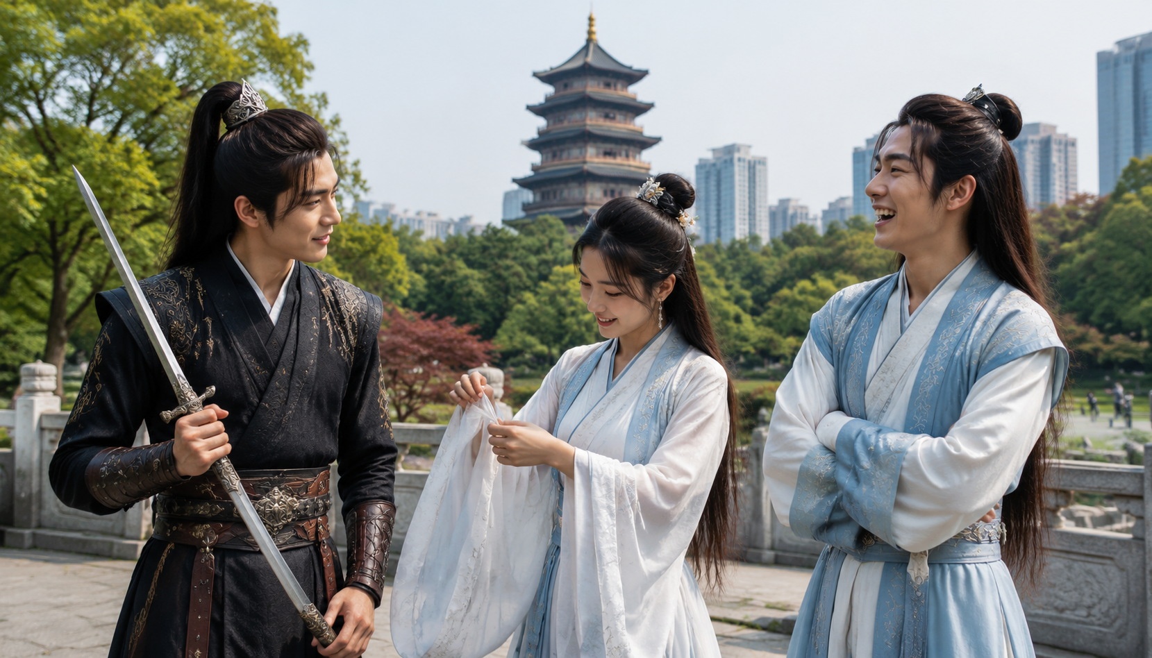 Three Chinese youth in hanfu and wuxia cosplay costumes socializing in a park, showing community and friendship