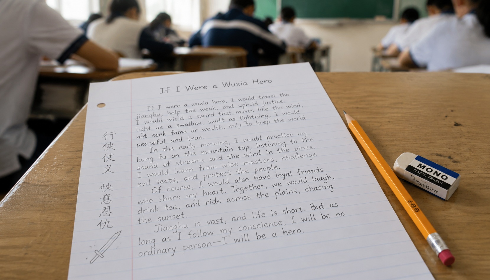 Close-up of a foreign student's assignment on wuxia hero identity at a Chinese university