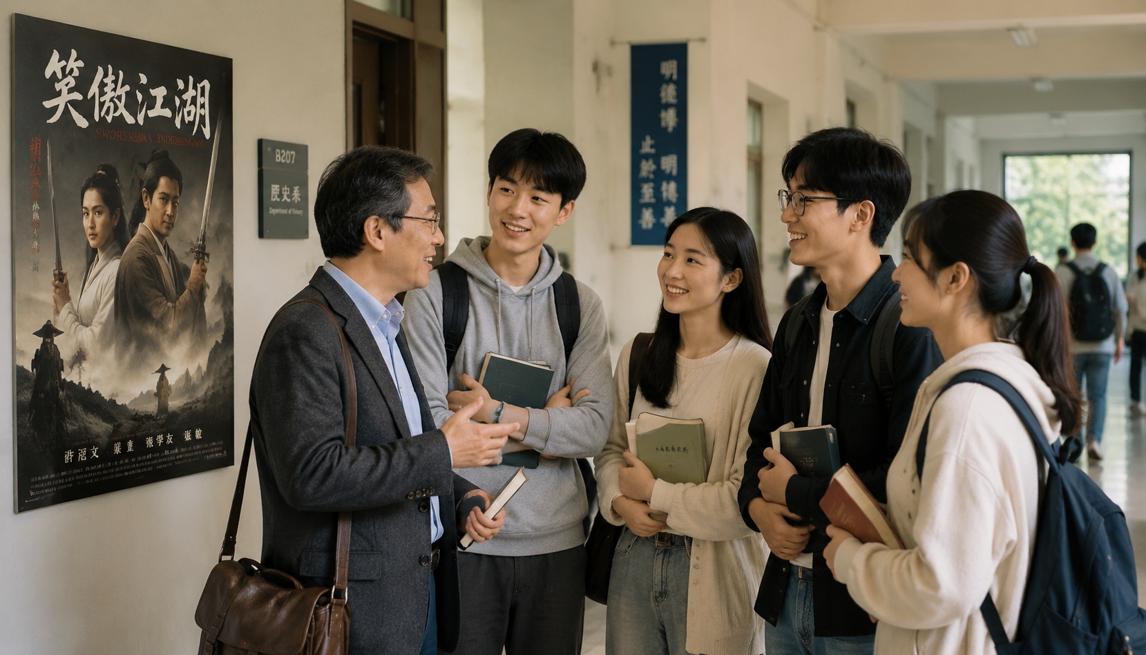 Professor and international students discussing wuxia after class at a Chinese university