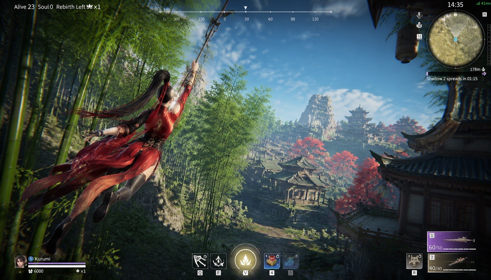 Naraka: Bladepoint gameplay showing a character using the grappling hook to swing through a bamboo forest with traditional Chinese buildings in the background