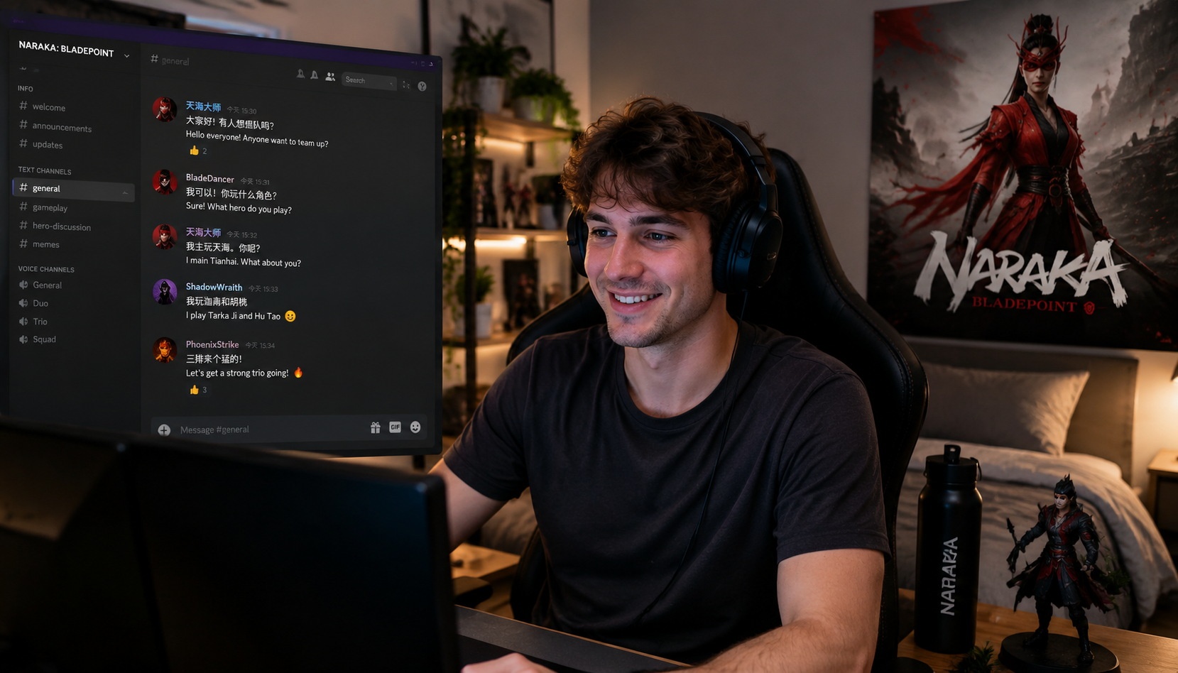 Western gamer sitting at a desk, laughing while looking at a monitor displaying Naraka: Bladepoint and a Discord chat with Chinese phrases