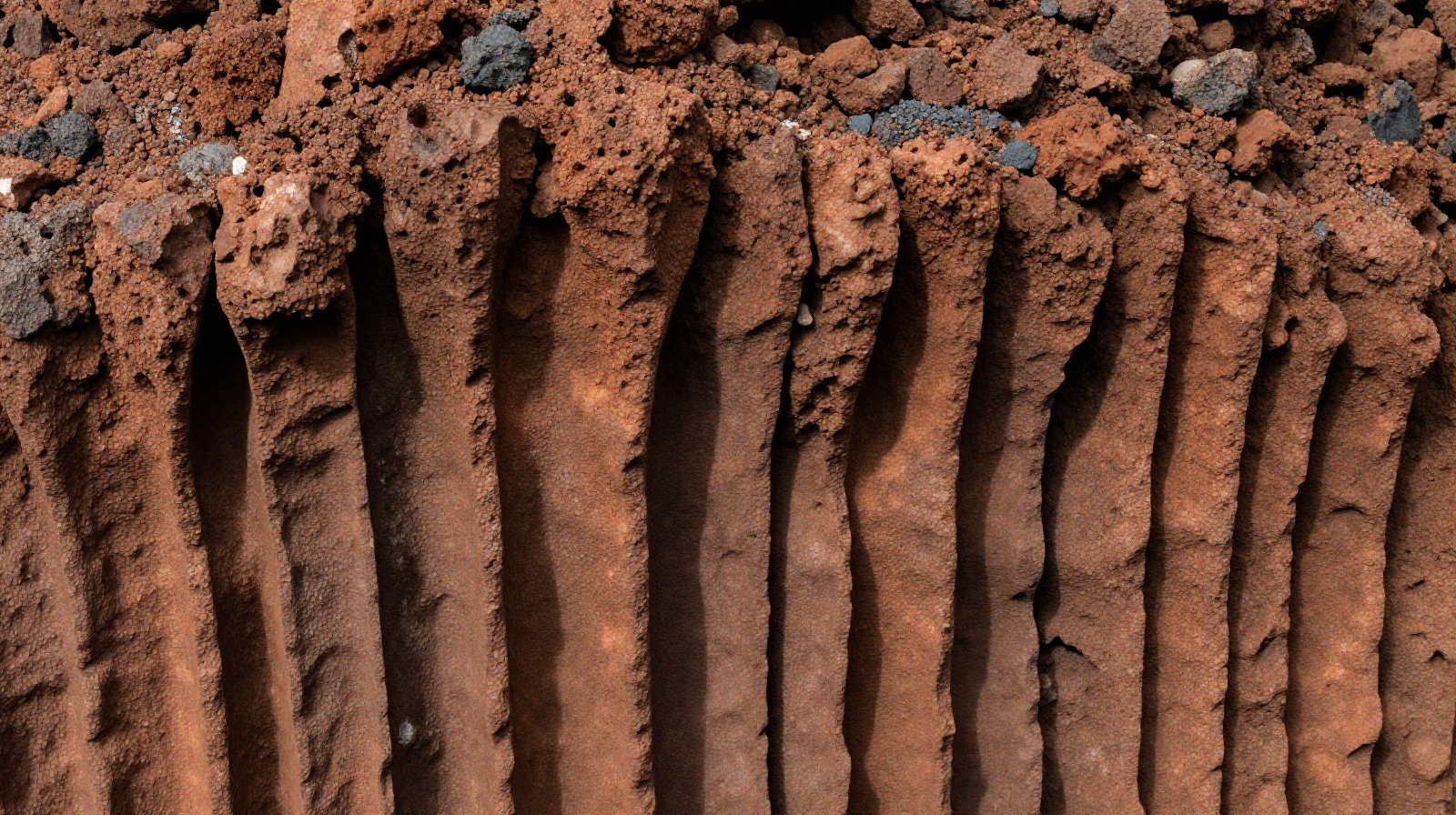 Close-up view of red volcanic basalt rock formations with columnar jointing in Zhangjiakou, China
