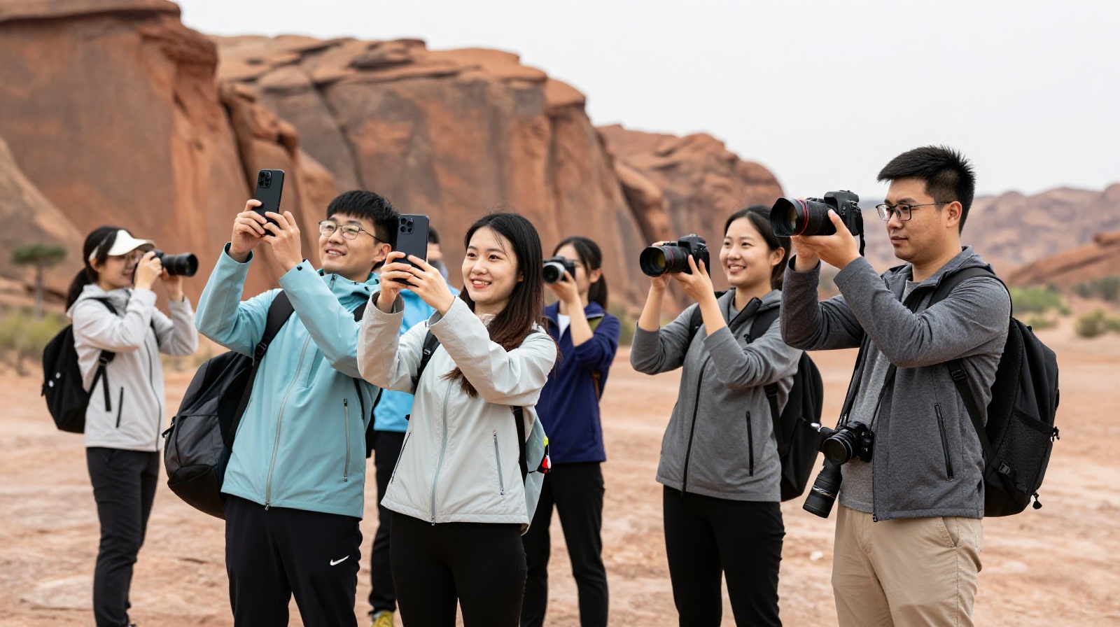 Tourists taking photos at the Zhangjiakou volcanic geopark