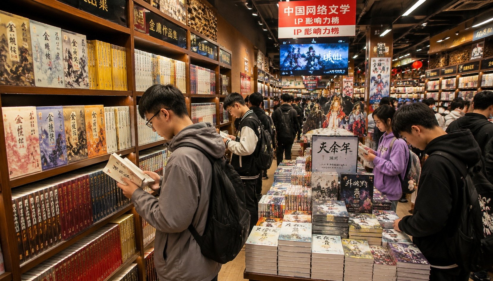 Chinese readers browsing a bookstore aisle filled with wuxia novels by Jin Yong and Chinese comic books