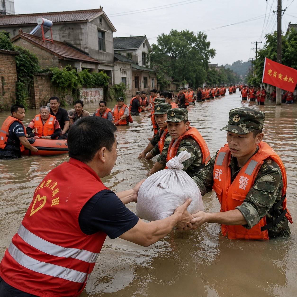 Chinese volunteers and soldiers forming a human chain during a flood rescue, demonstrating collective heroism