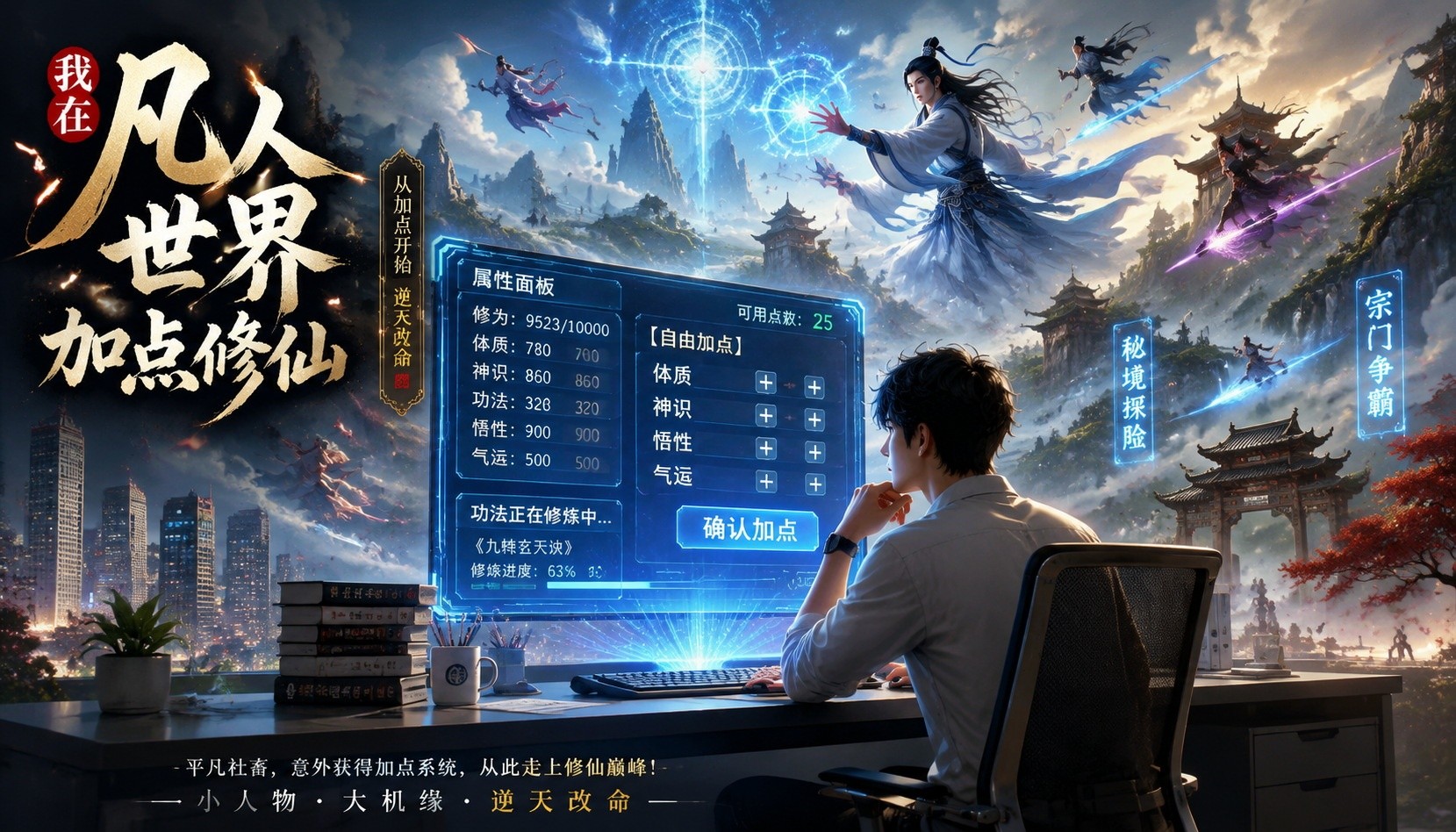 A Chinese web novel cover showing an office worker transitioning into a fantasy cultivation world