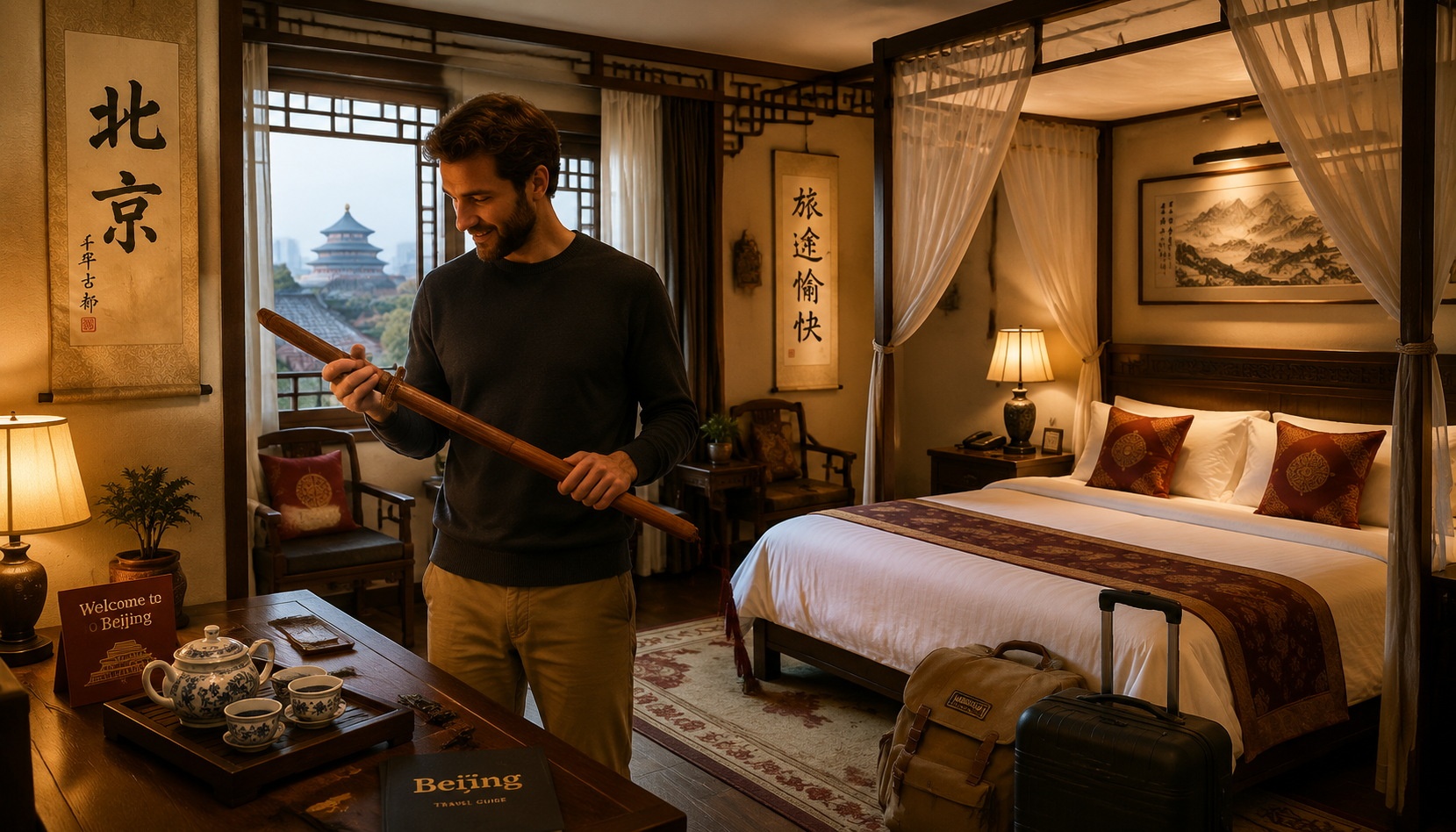 Group of guests learning acupressure at wuxia-themed hotel in Beijing, hands-on class