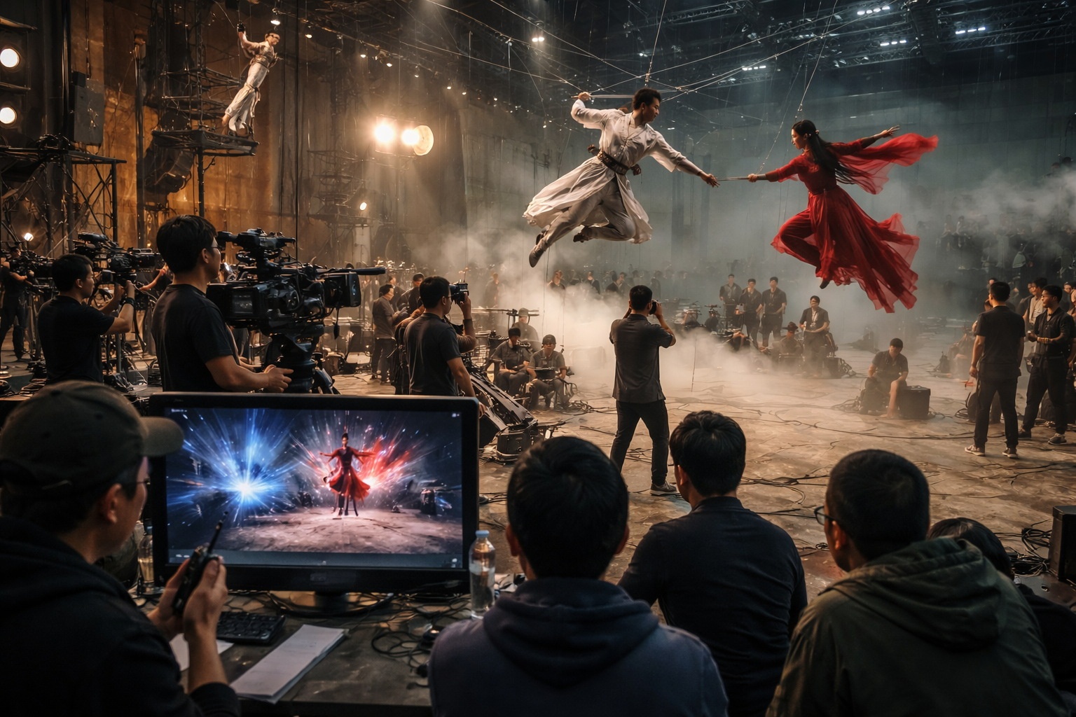 Chinese wuxia TV drama remake set showing actors practicing martial arts with wires and a director monitoring a green screen