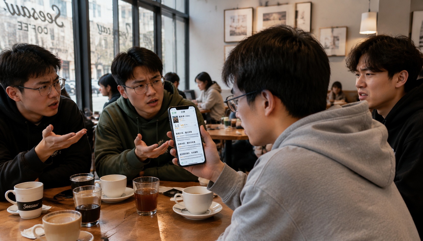 Young Chinese man looking disappointed at a Douban rating of 2.5 for a wuxia remake on his phone, with friends in a café