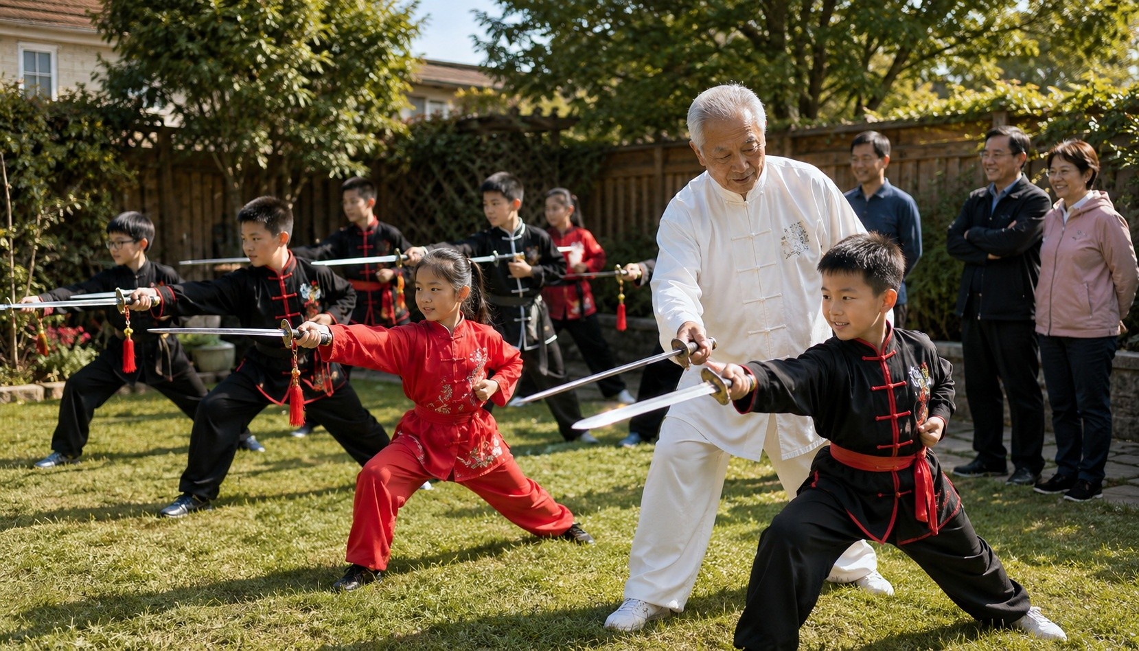 Chinese children learning martial arts sword forms from a retired teacher in a backyard, community activity