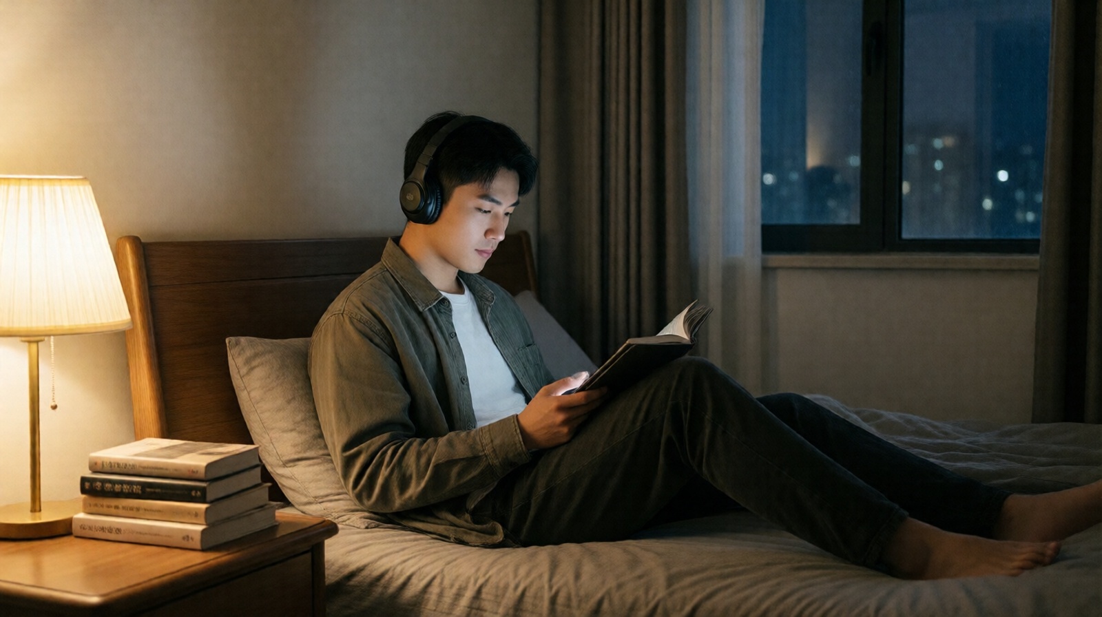 Young Chinese engineer reading cultivation novel in his bedroom at night, xianxia fantasy books in background