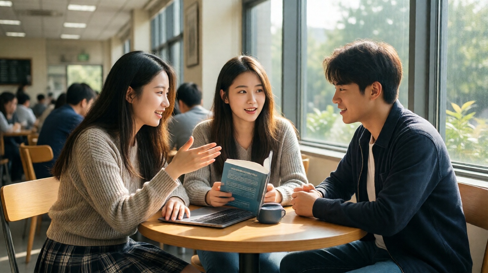 Chinese college students discussing cultivation novel in campus café, xiuxian web fiction culture