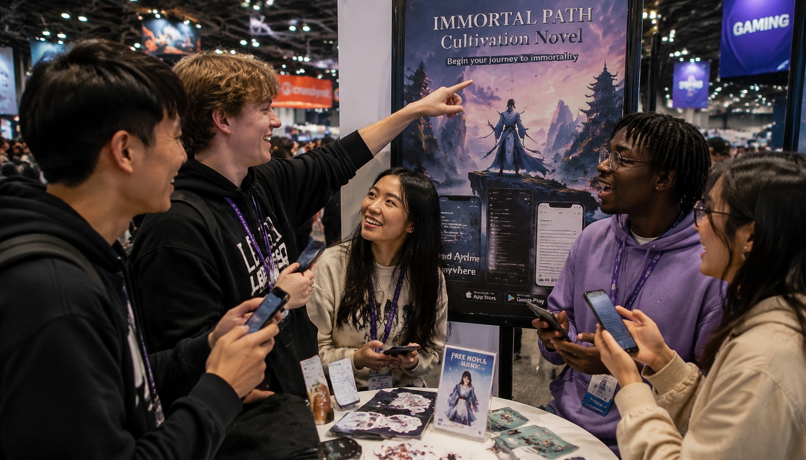 International fans of Chinese cultivation novels discussing at a fan convention, with mobile apps and posters