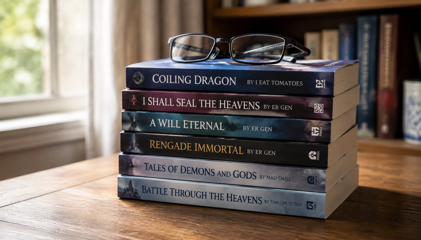 Stack of English-translated Chinese cultivation novel books on a table with reading glasses