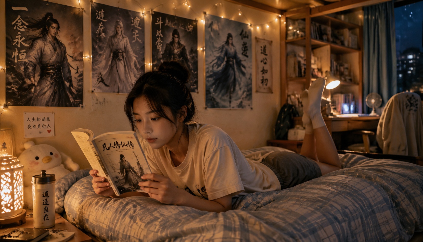 Young Chinese woman reading a printed cultivation novel in her dormitory at night