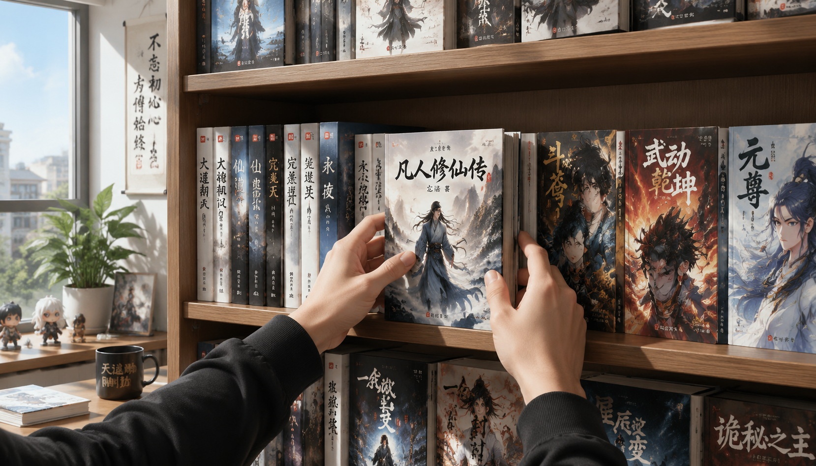 Bookshelf with a collection of Chinese web novels and cultivation manhua, hands selecting a book