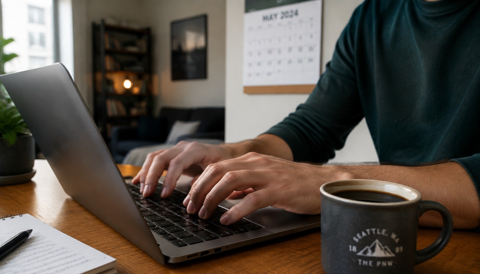 Close-up of a young Chinese author's hands typing on a laptop, coffee cup beside him, in a home study with bookshelves and a calendar marking daily word goals.