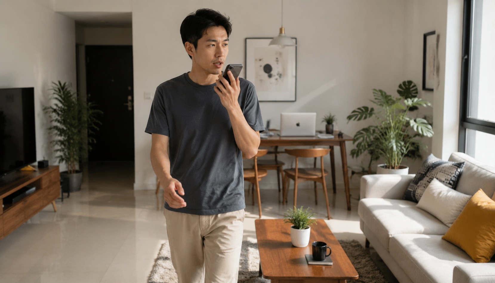 Young Chinese author using voice-typing on his smartphone to dictate novel chapters, pacing in his living room with laptop and plants in background.