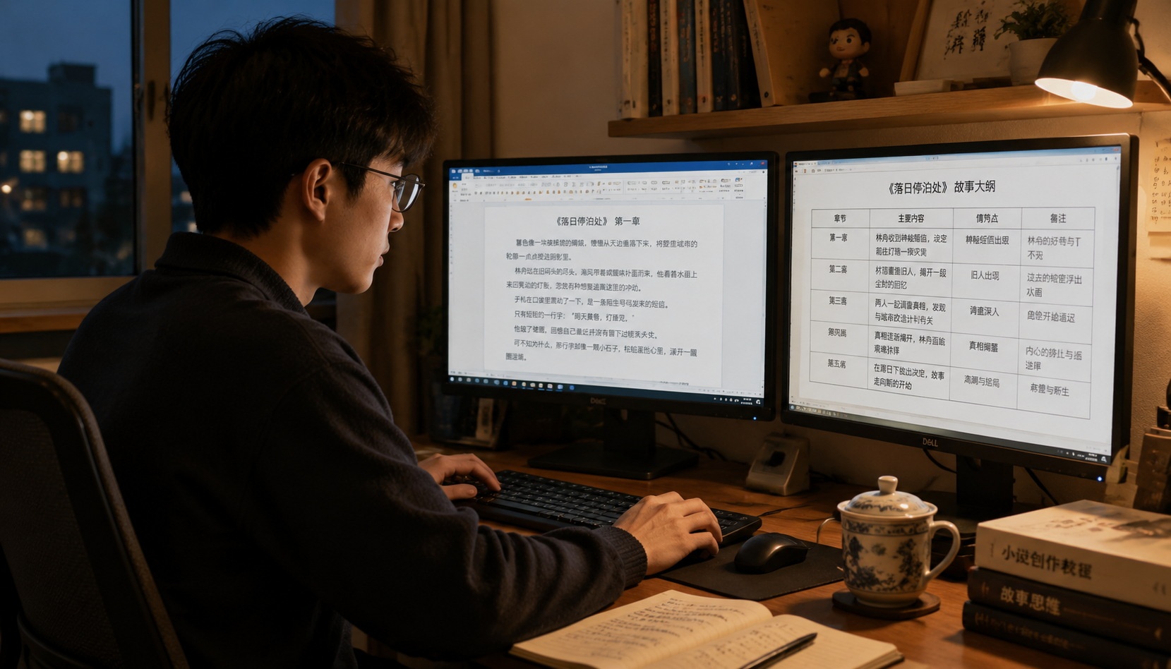 Young Chinese cultivation novel author reviewing plot outline on a second monitor while editing his daily 10,000 words on the main screen in a cozy evening home office.