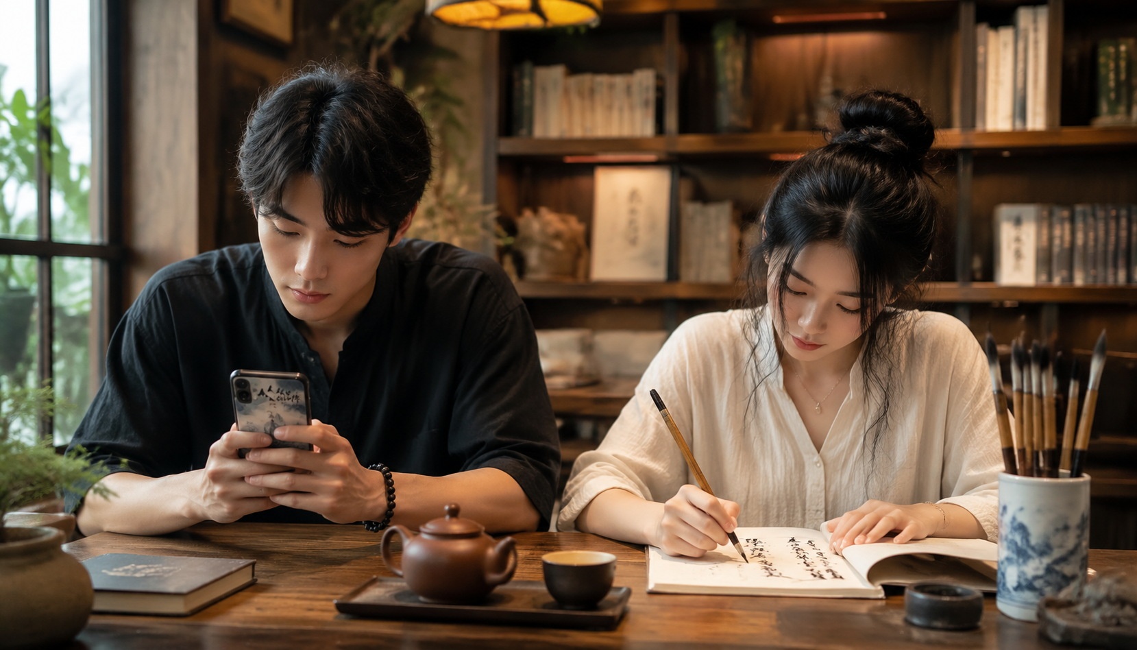 A young Chinese man reading a cultivation novel on his phone while a woman practices calligraphy, showing real-life inspiration from fiction.