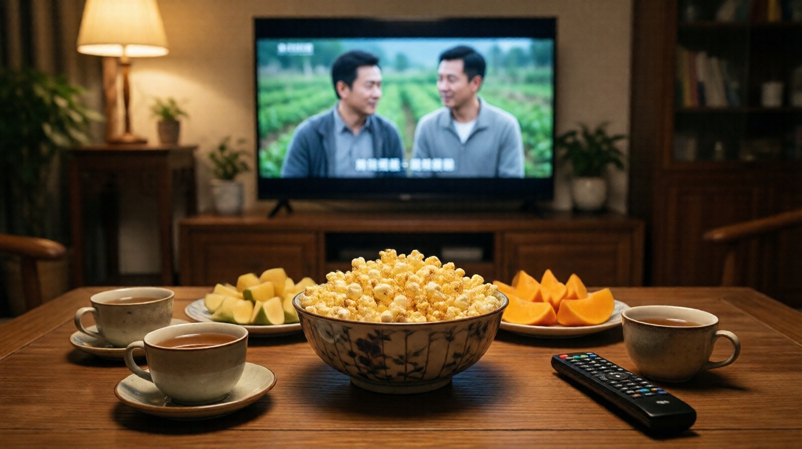 Coffee table with popcorn and tea as a Chinese family watches a cultivation drama together