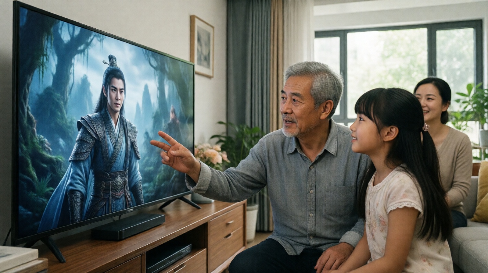 Grandfather explaining cultivation drama to granddaughter in a Chinese family living room