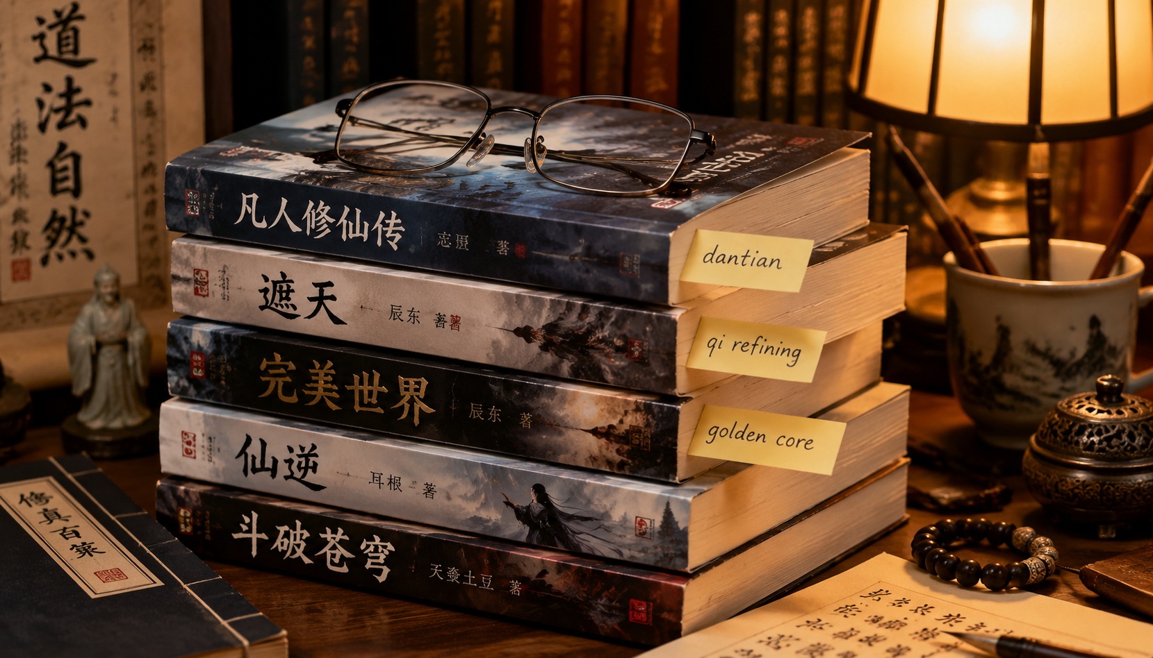Sticky notes on Chinese novel pages show cultivation terms like dantian and qi refining with English annotations.