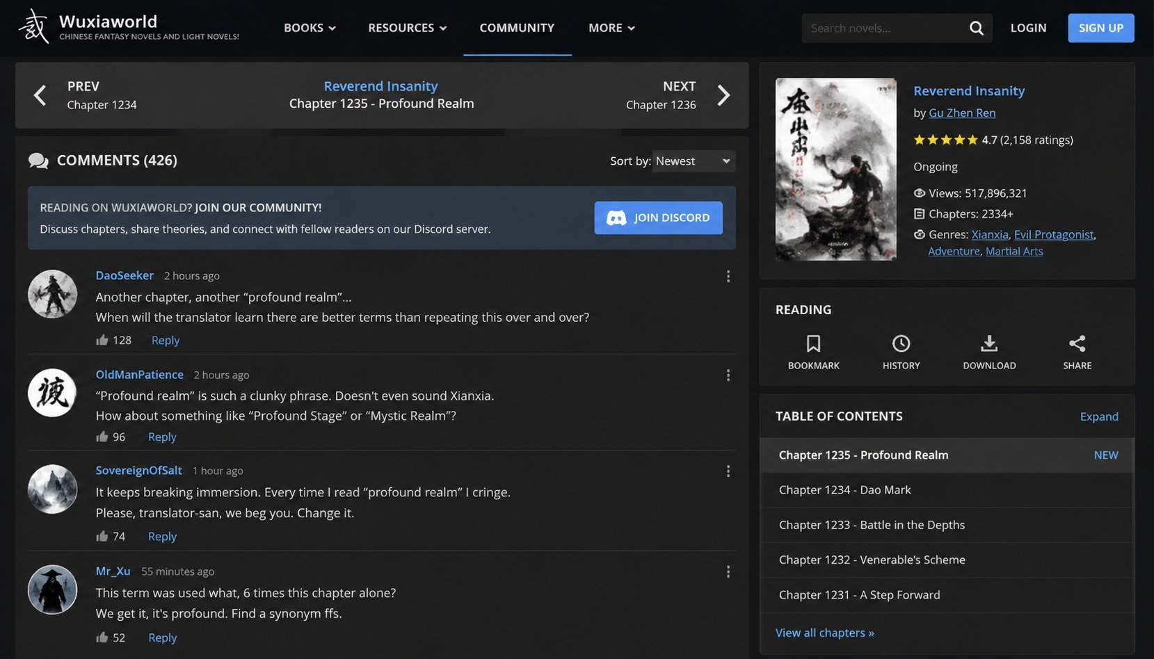 Wuxiaworld comment section where readers debate the translation of 'profound realm' from a Chinese cultivation novel.