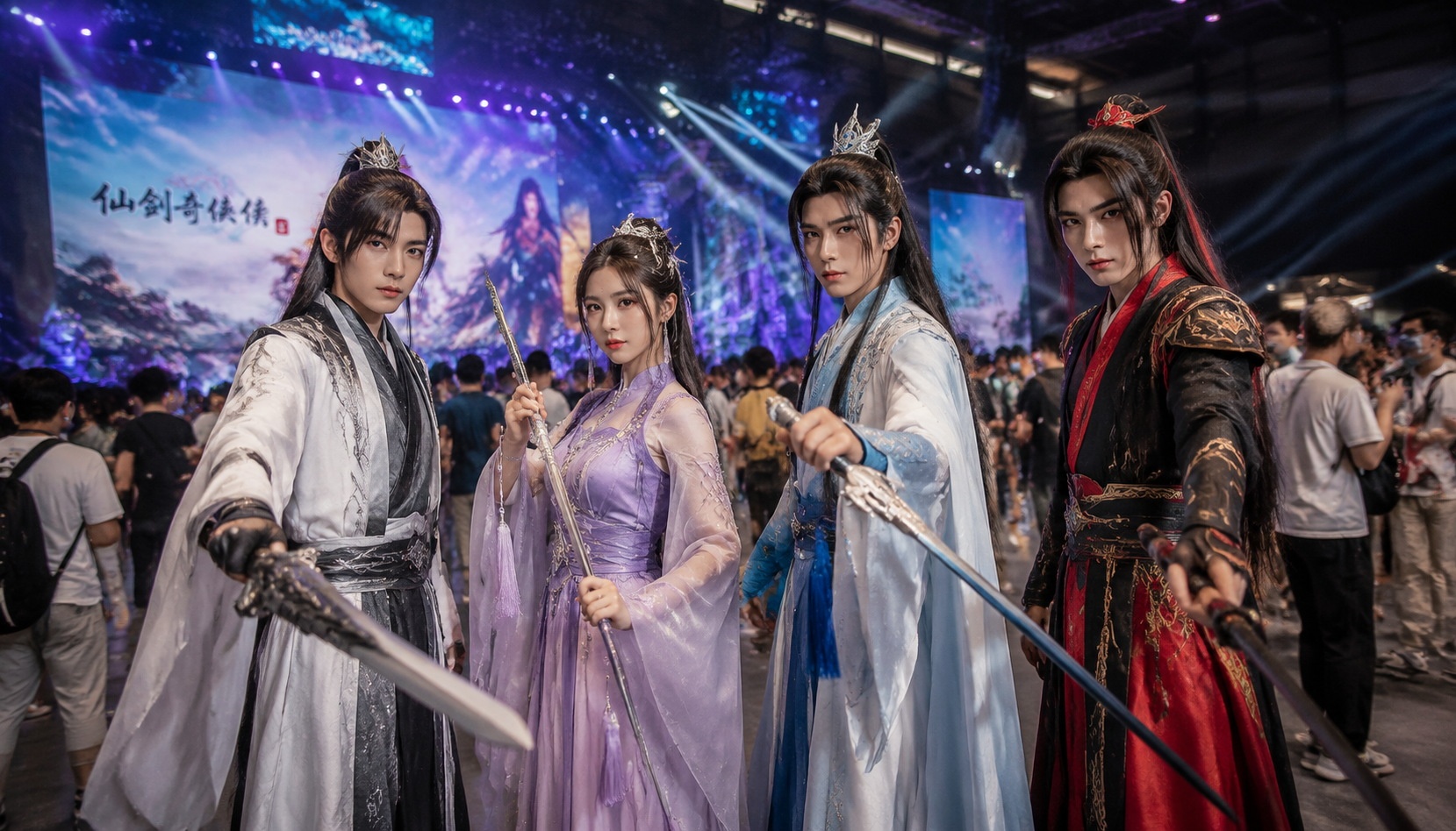 Cosplayers portraying characters from Chinese xianxia IPs like Chinese Paladin and Eternal Love at a fan convention, demonstrating the genre's continuing popularity among young creative communities.