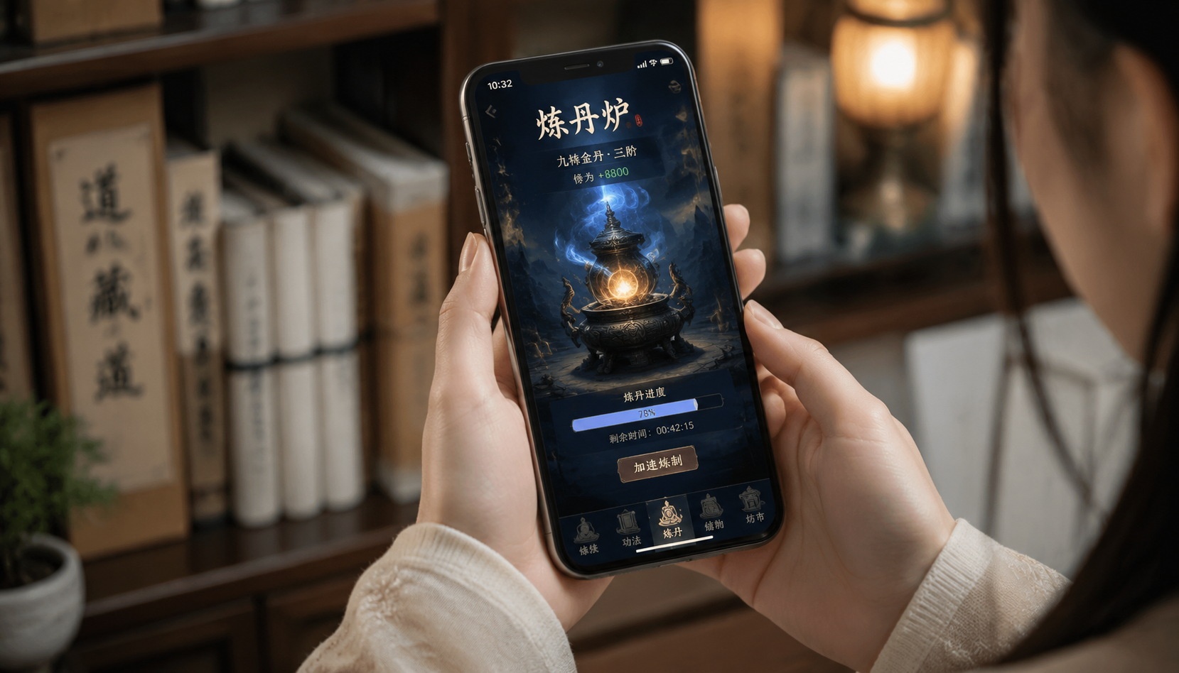 Young Chinese woman reading a cultivation novel on smartphone showing a digital alchemy furnace with progress bar, blurred background of traditional scrolls