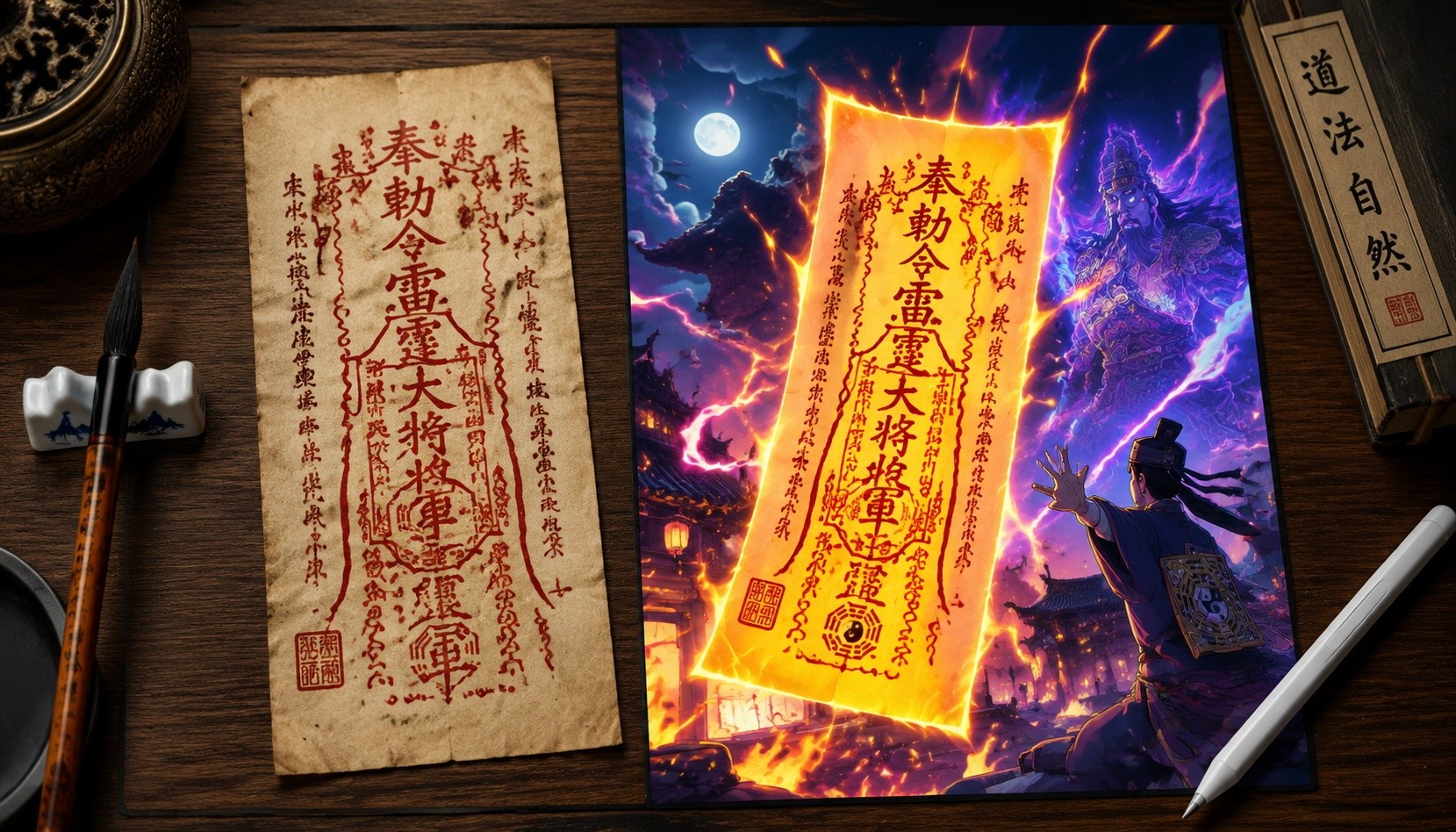 Comparison between traditional Daoist talisman on paper and modern animated talisman used in cultivation anime, showing continuity and transformation