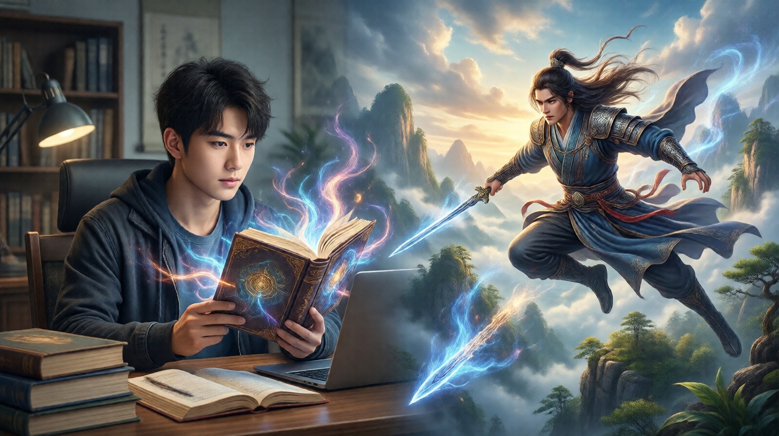 Split scene showing a Chinese student studying at a desk on one side and a fantasy cultivation scene with a flying sword on the other side, illustrating how cultivation novels blend modern life with imagination.