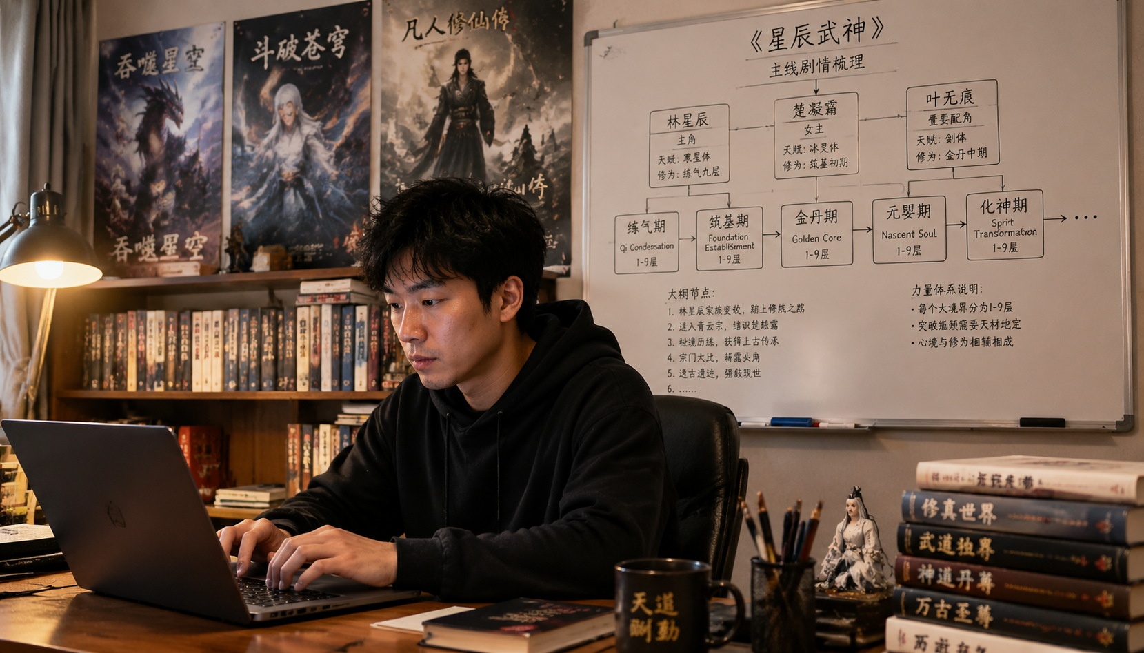 A Chinese web novelist working on a cultivation novel in a home office, with a whiteboard outlining cultivation levels and plot points, showing the creative process behind the genre.