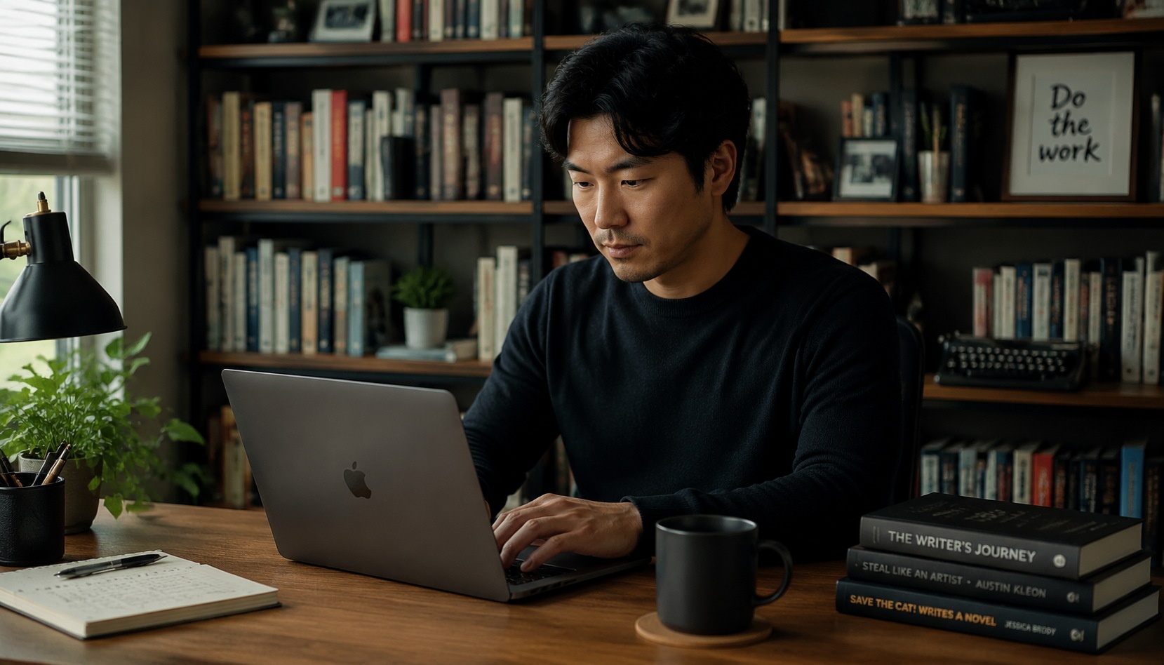 Chinese web novel author writing a cultivation story on a laptop in a home office, earning from pay-per-chapter revenue