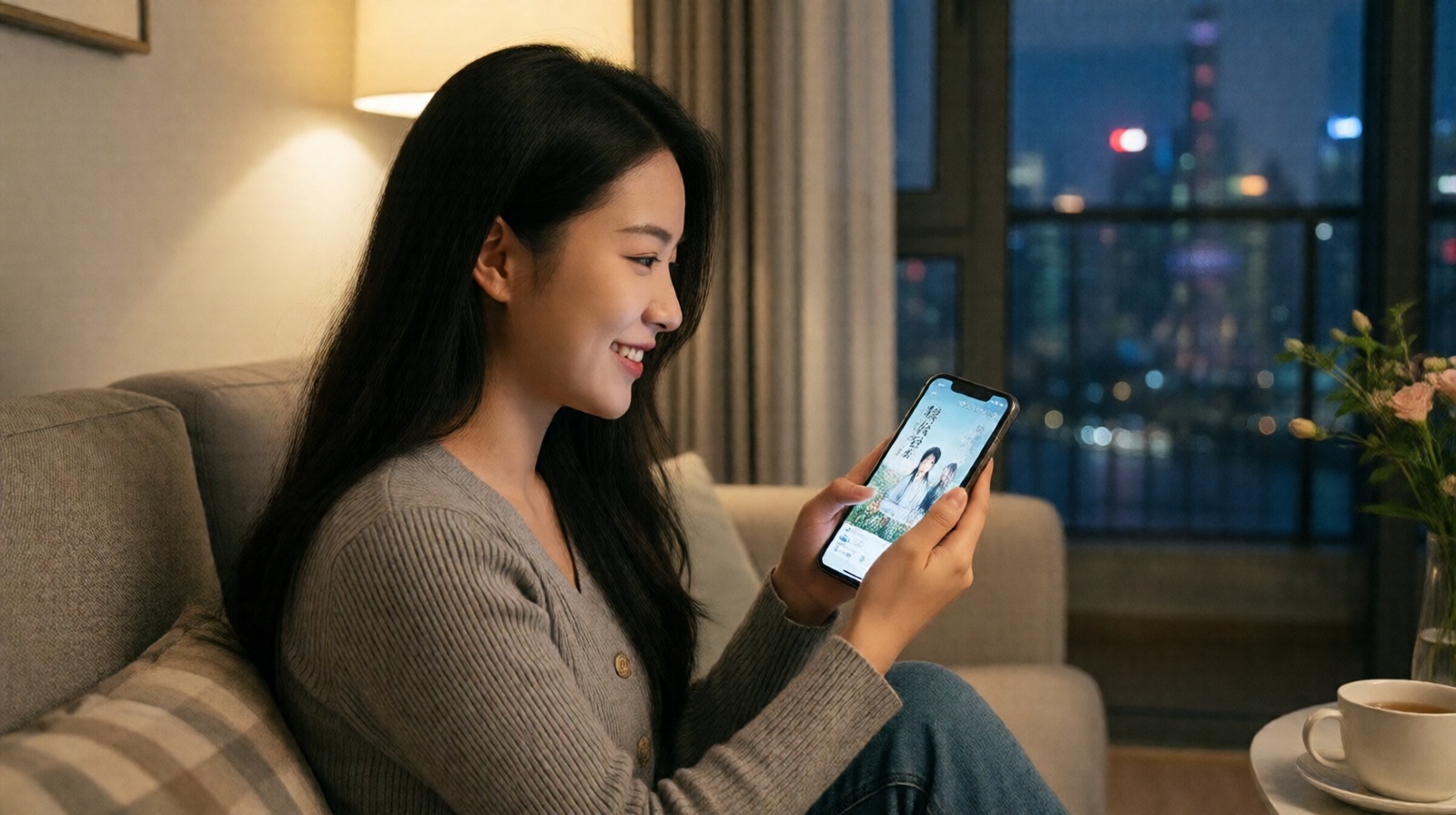 Young Chinese woman reading a cultivation novel on her phone in a cozy apartment