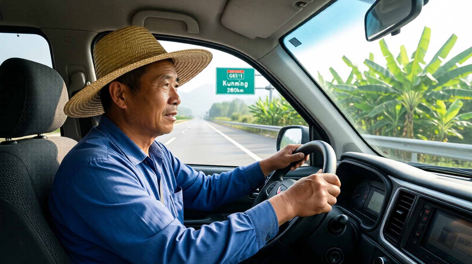 Li Laohan, a Yunnan farmer, driving his Wuling microvan toward the newly built G8511 expressway entrance near his village, early morning