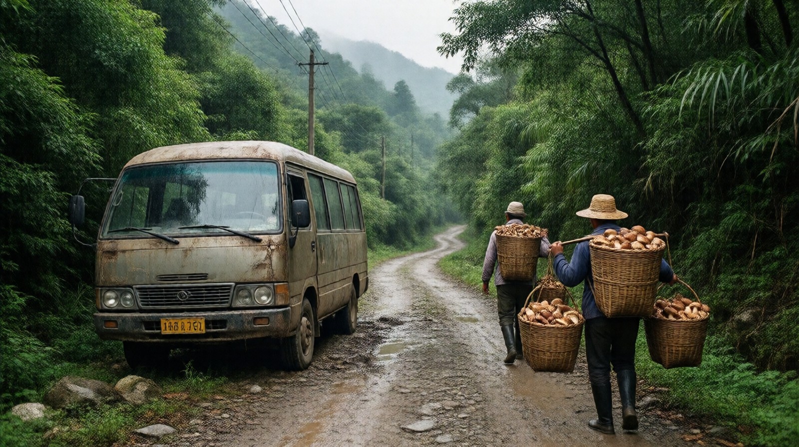 A bumpy, unpaved mountain road in rural Yunnan before the expressway, with an old minibus and farmers carrying produce on foot