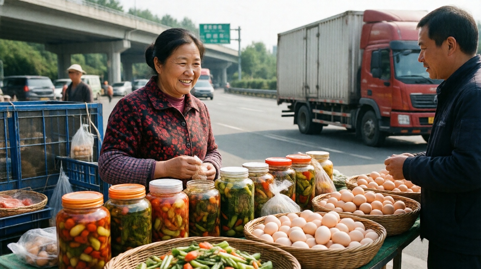 Zhou Guiying, wife of Li Laohan, selling homemade pickles and eggs at a highway service area stall