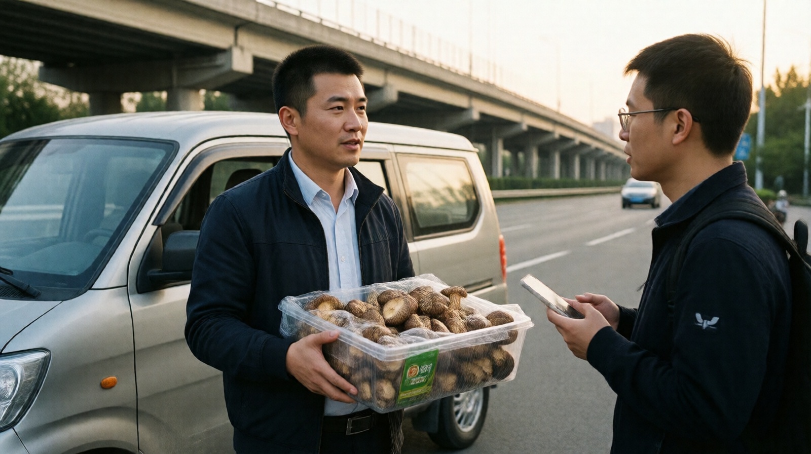 Li Laohan loading shiitake mushrooms into his van after returning from market, expressway behind him