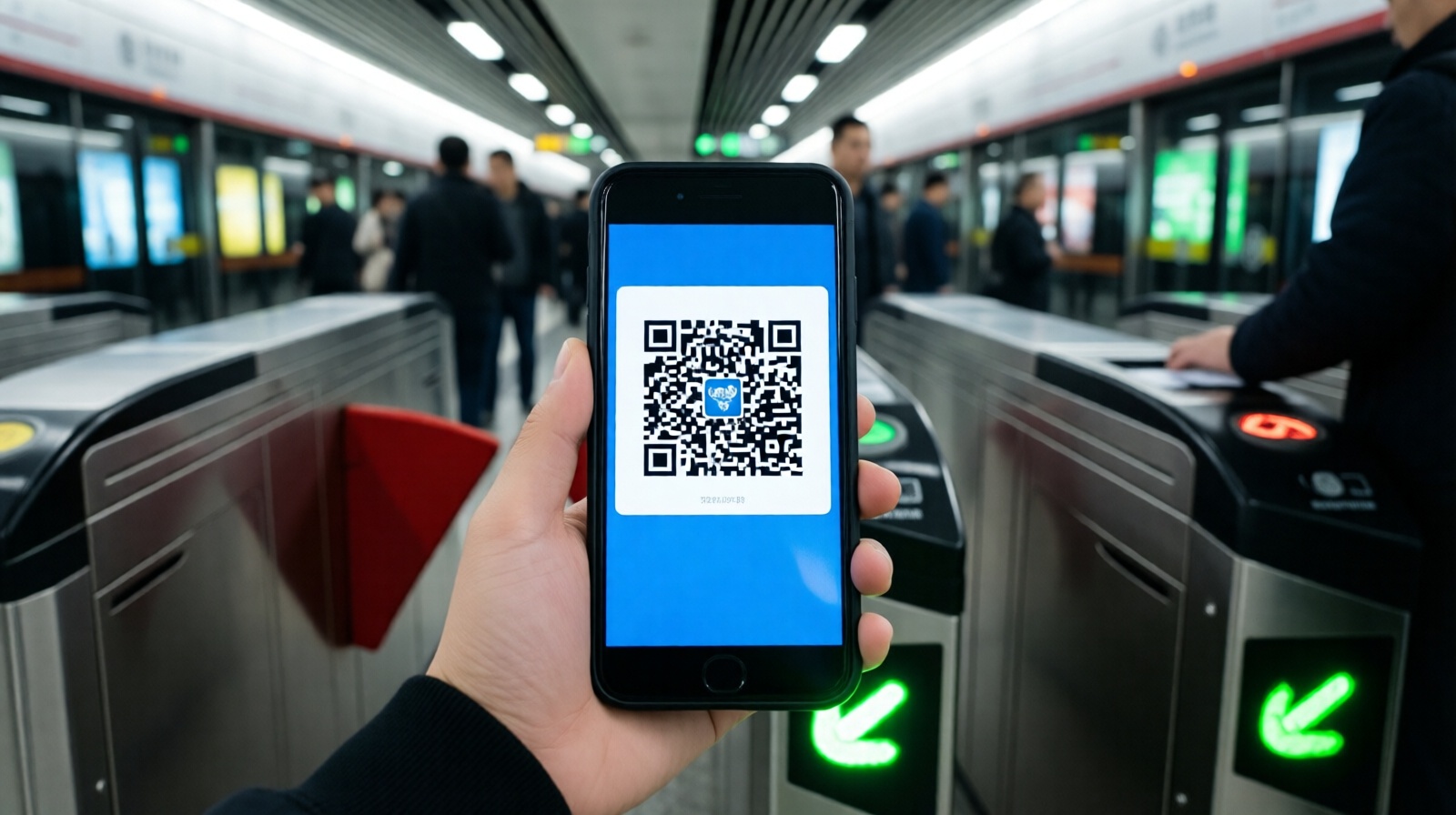 Passenger scanning QR code on smartphone at subway ticket gate in China