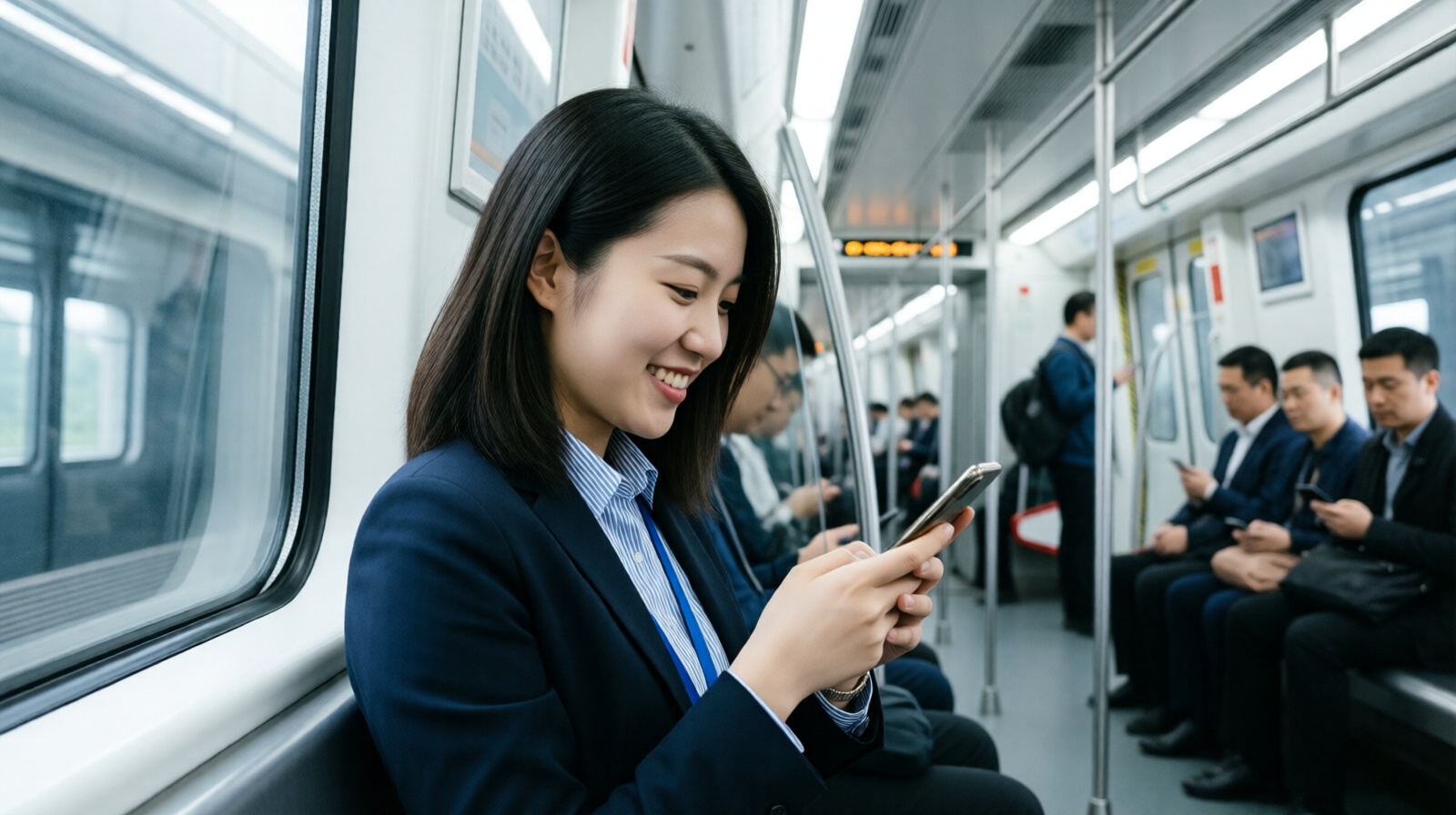 Chinese commuter saving time by using QR code subway ticket, now reading phone during ride