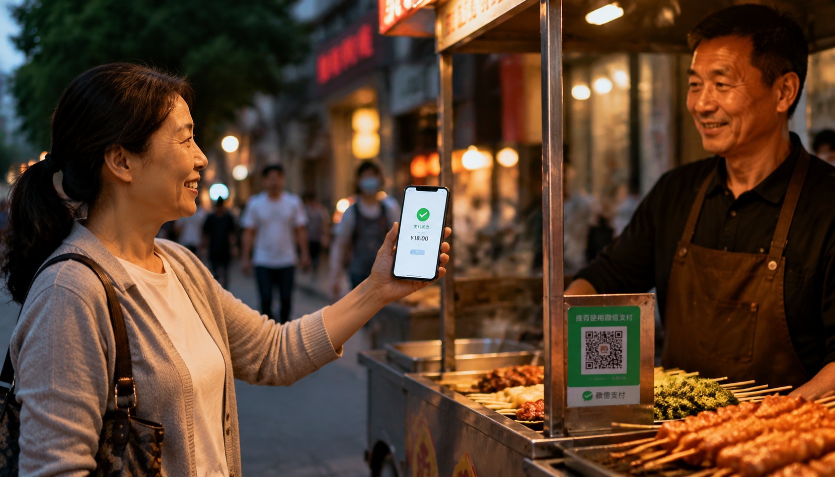 A street food vendor in China shows a customer a mobile payment success screen on her smartphone, with a QR code sticker visible on the cart.