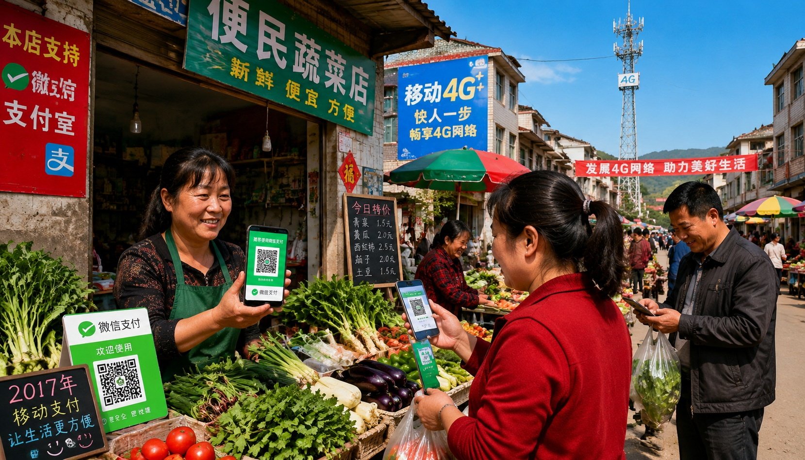 Shopkeeper in small Chinese town accepting mobile payment via WeChat in 2017