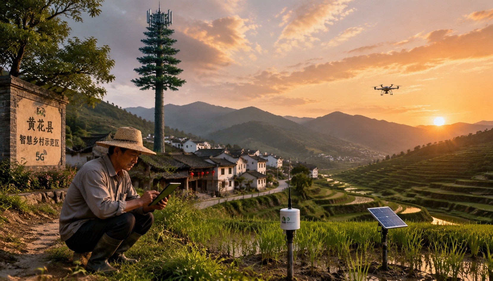 Farmer using 5G smart agriculture sensors in a rural Chinese village near Huanghua